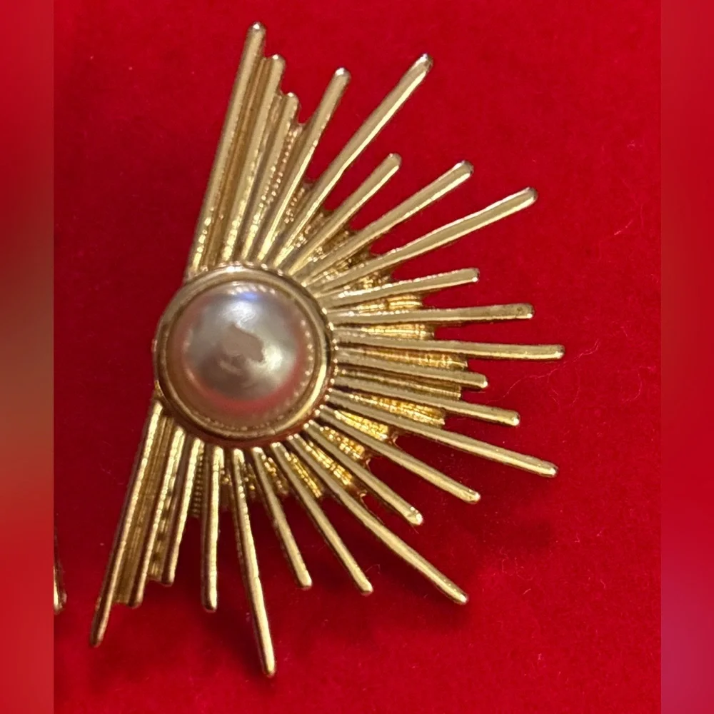 Gold Sunburst Pearl Statement Earrings Celestial Starburst 1.5”